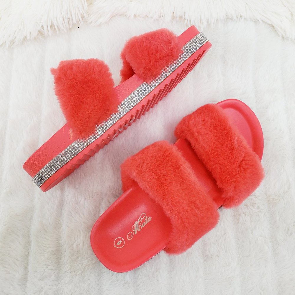 Fur Baby Coral Orange Furry Double Band Slip On Rhinestone Trim Sandals Slippers